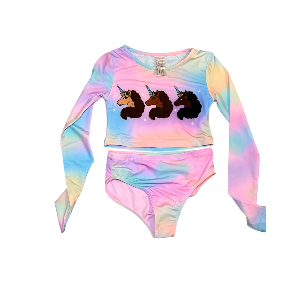 Afro Unicorn Girls Tie Dye Long Sleeve Rash Guard Swimsuit Set UPF 50+ Size 6 6x